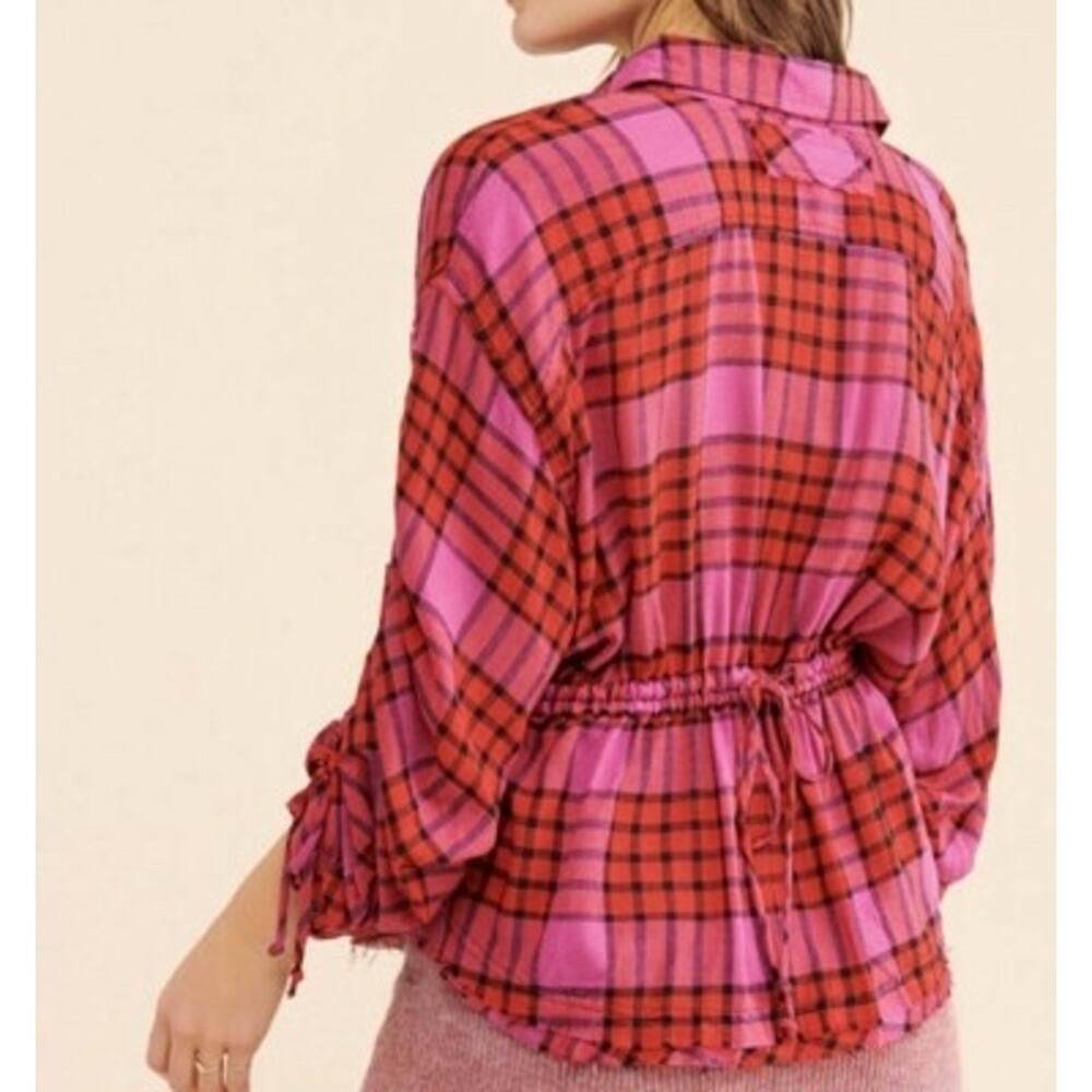 Free People We The Free Pacific Dawn Plaid Snap Top S | Red Pink Ruched Peplum - Picture 2 of 12